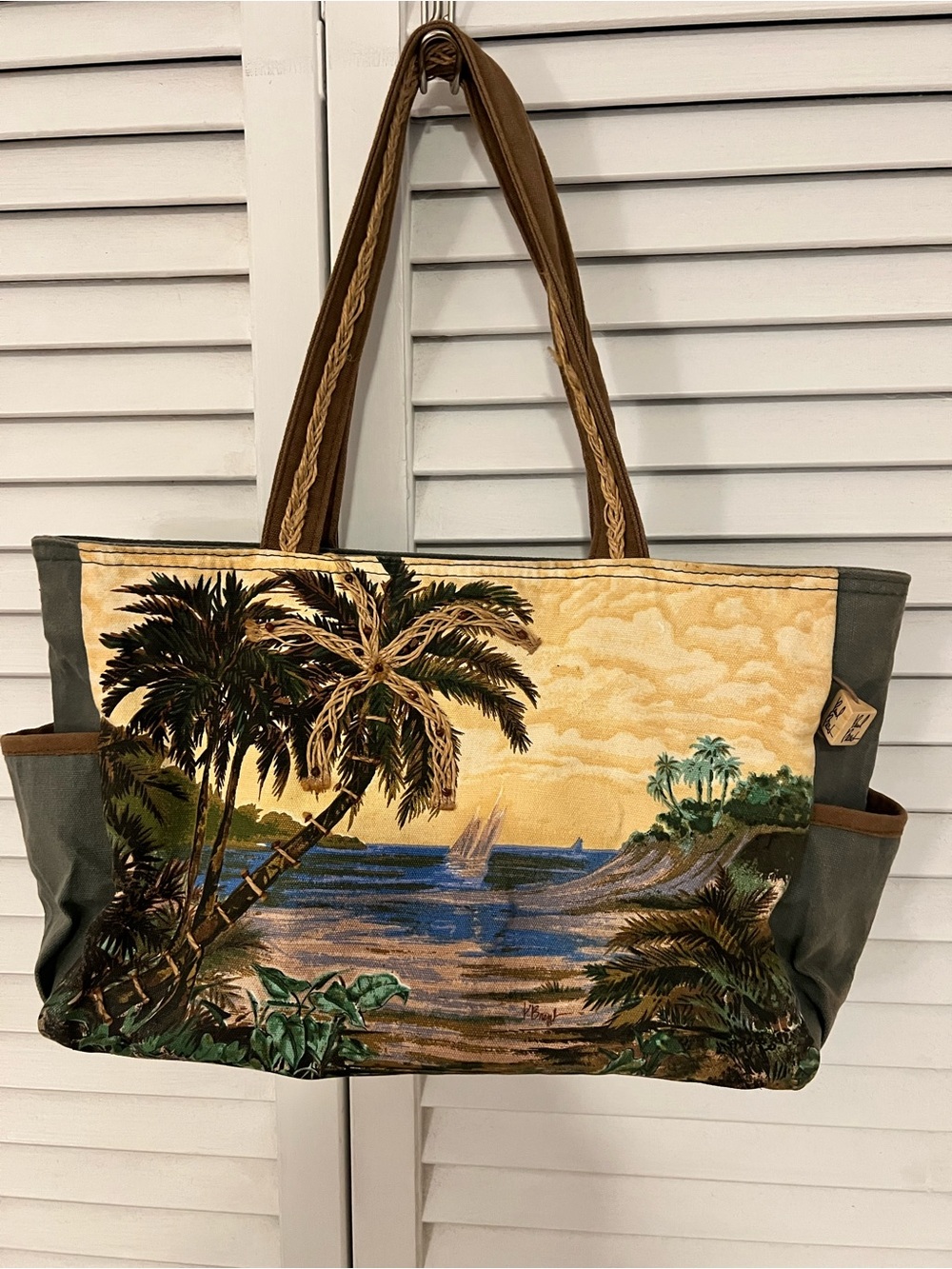 Paul Brent Beach Palm tree green canvas tote - Picture 2 of 8